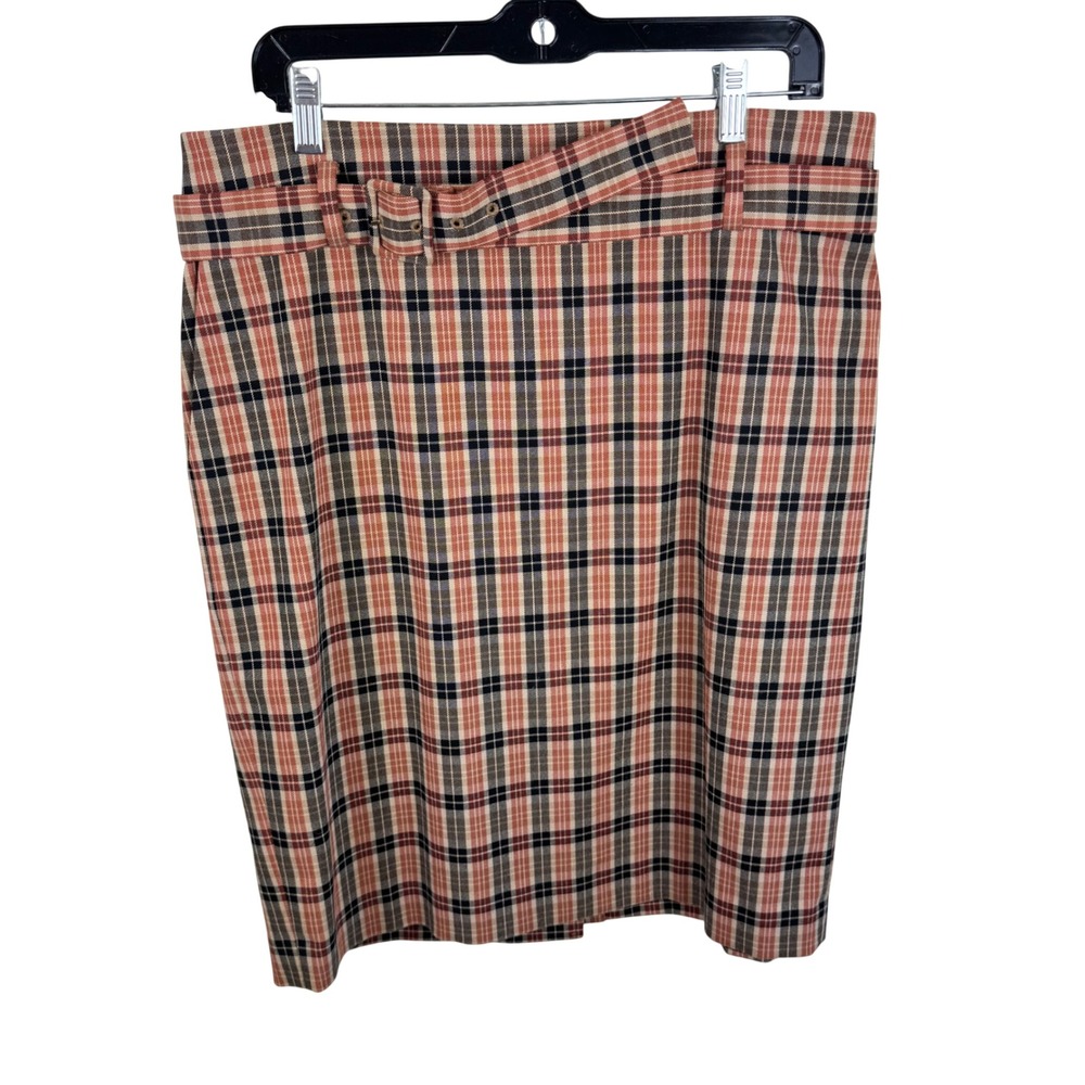 Ann Taylor Factory Plaid Belted Pencil Skirt Rust‎ Black Tan 14P NEW 27875636